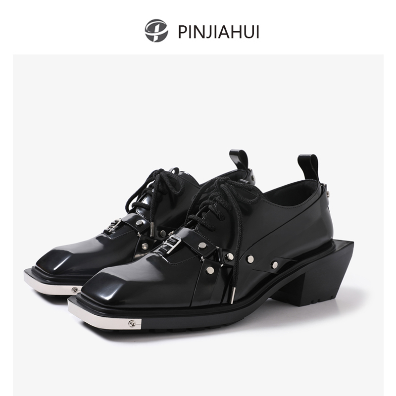 Pinjiahui Men's Dark Leather Lace-Up Square-Toe Derby Shoes Genuine Leather Small Leather Shoes with a Trendy Design for Men
