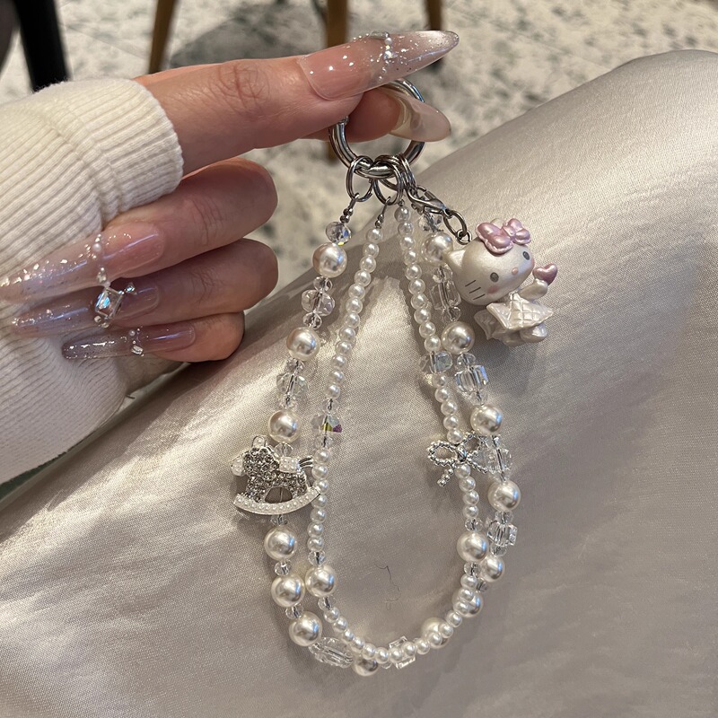 Original Style White Pearl Sparkling Diamond Carousel Kitty Beaded Phone Chain Cute Pendant Niche Keychain Hanging Chain