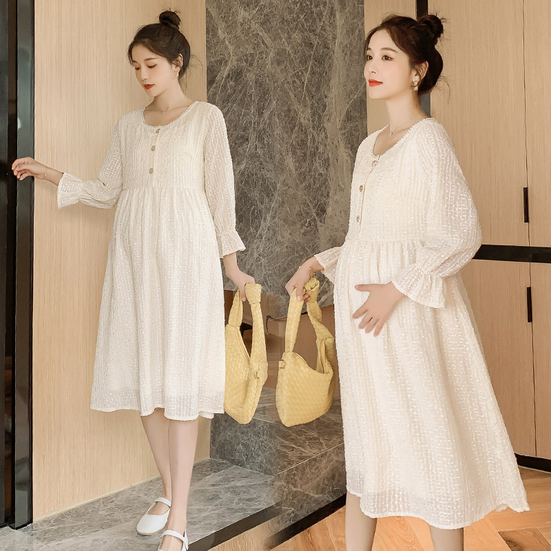 Pregnant Woman Spring Dress Long Sleeve Blouse Spring Pregnant Woman Skirt Mesh Red Fashion with a knee cover Relaxed Temperament Foreign Dress