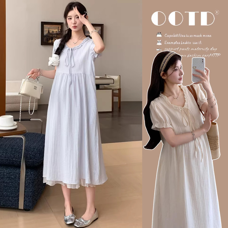 Maternity Wear Summer Thin Dress 2026 New Fashion V Neck French Style Pregnancy Dress High-End Outfit for Pregnant Mothers