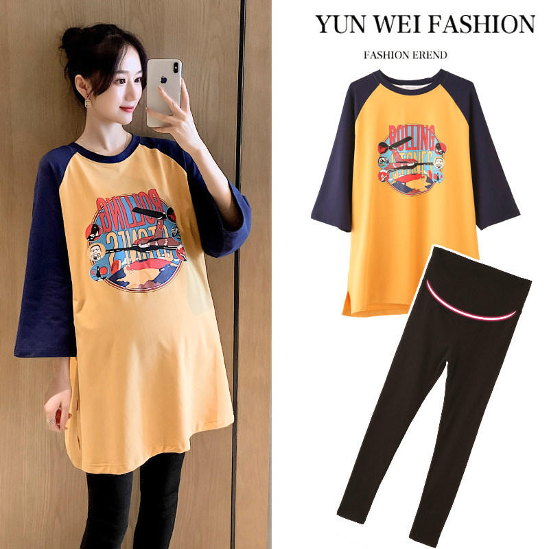 Pregnant women autumn suit tide age reduction fashion loose cotton spring and autumn with loose T-shirt two-piece maternity clothes