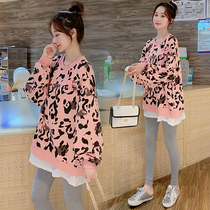 Pregnant autumn suit trendy mom net red fashion loose pullover sweater Pregnancy top two-piece suit