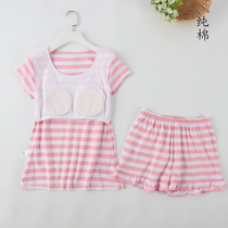 Special offer womens knitted cotton striped with chest pad cup cover bra short sleeve shorts pajamas home clothes summer thin model