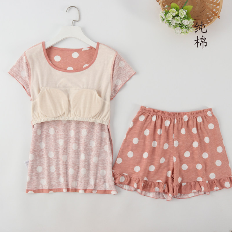 Women's knitted cotton slub cotton with breast pad cup cover BRA pajamas Short sleeved shorts homewares suit Summer thin section