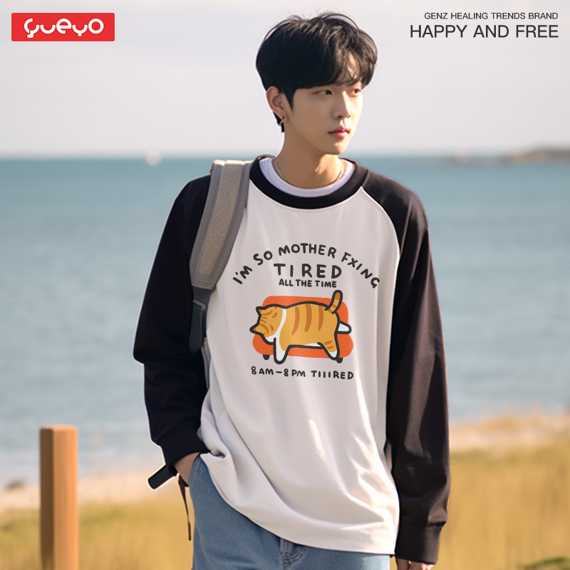 Yueyou Tired Cat Orange Cat Siamese Tired Heavyweight Pure Cotton Japanese Style Color Block Long Sleeve Raglan T-Shirt for Men