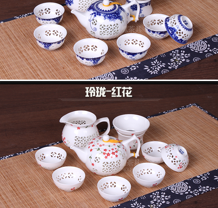 Màu xanh và trắng sứ bộ trà tinh tế tổ ong rỗng đặt gốm kungfu tea set trà cốc chén trà rửa bát