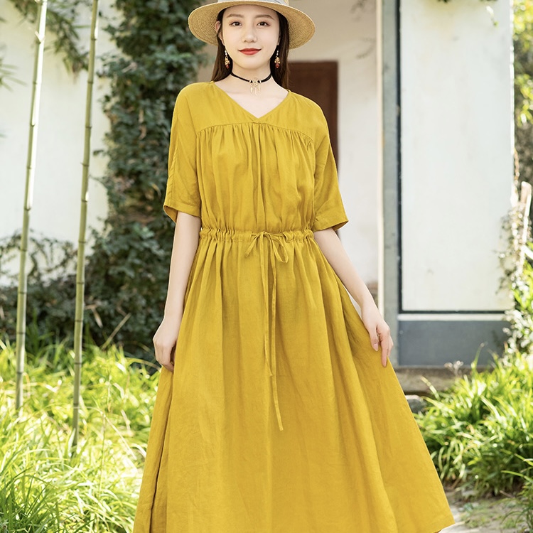 Summer new V collar linen dress Art and women Vintage Retro Temperament Lace Long Dresses