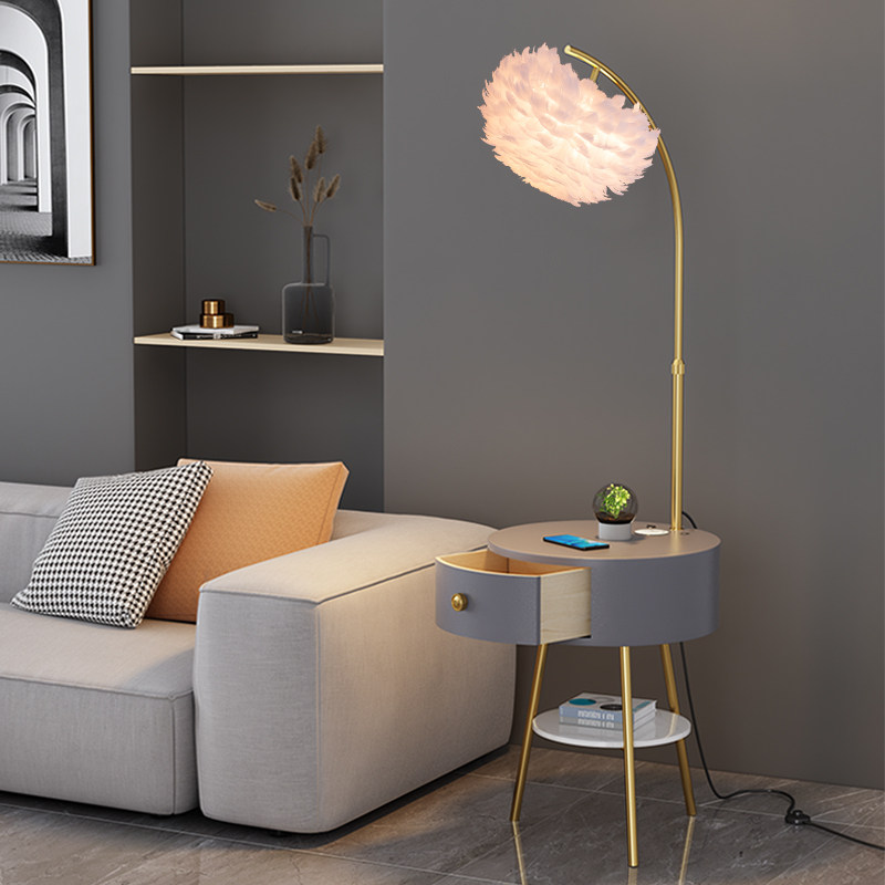 Nordic ins net red feather floor lamp living room light luxury coffee table bedroom bedside table integrated storage sofa table lamp