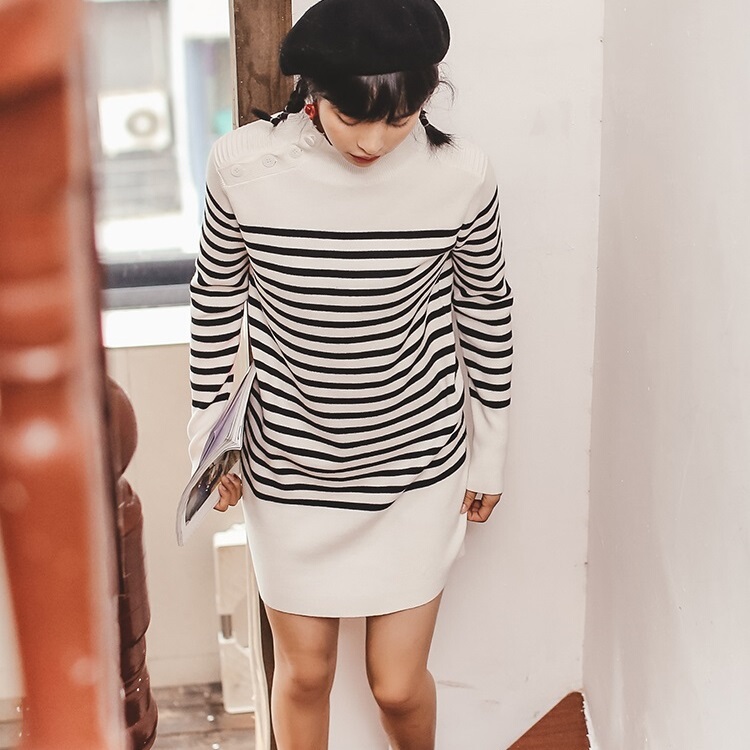 Special Clearance Sale! Autumn and Winter Navy Style High-Neck Striped Knit Dress Long Sweater for Women