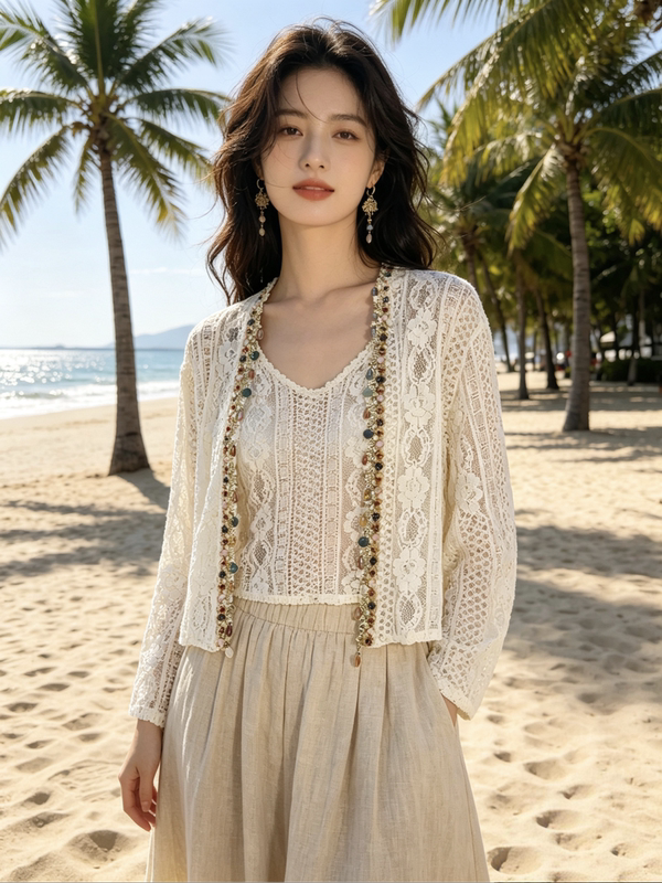 Thin Hollow Lace Cardigan Jacket with Sun Protection Shirt Overlay for Women, New Summer Short Top in Bohemian Style Thin Hollow Lace Cardigan Jacket with Sun Protection Shirt Overlay for Women, New Summer Short Top in Bohemian Style
