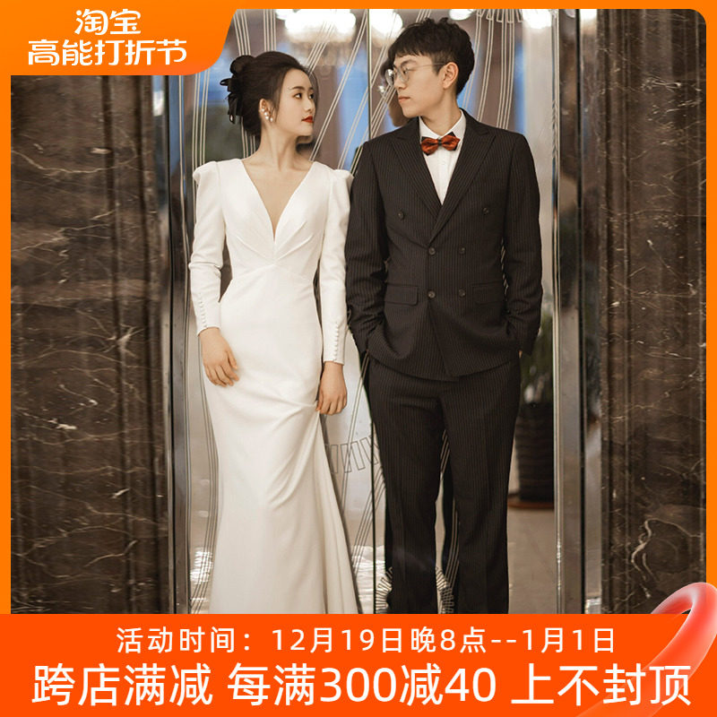 Face-style satin light wedding dress 2023 new long sleeve Herbenwind small crowd minimalist Bride's Tail Engagement Gown-Taobao