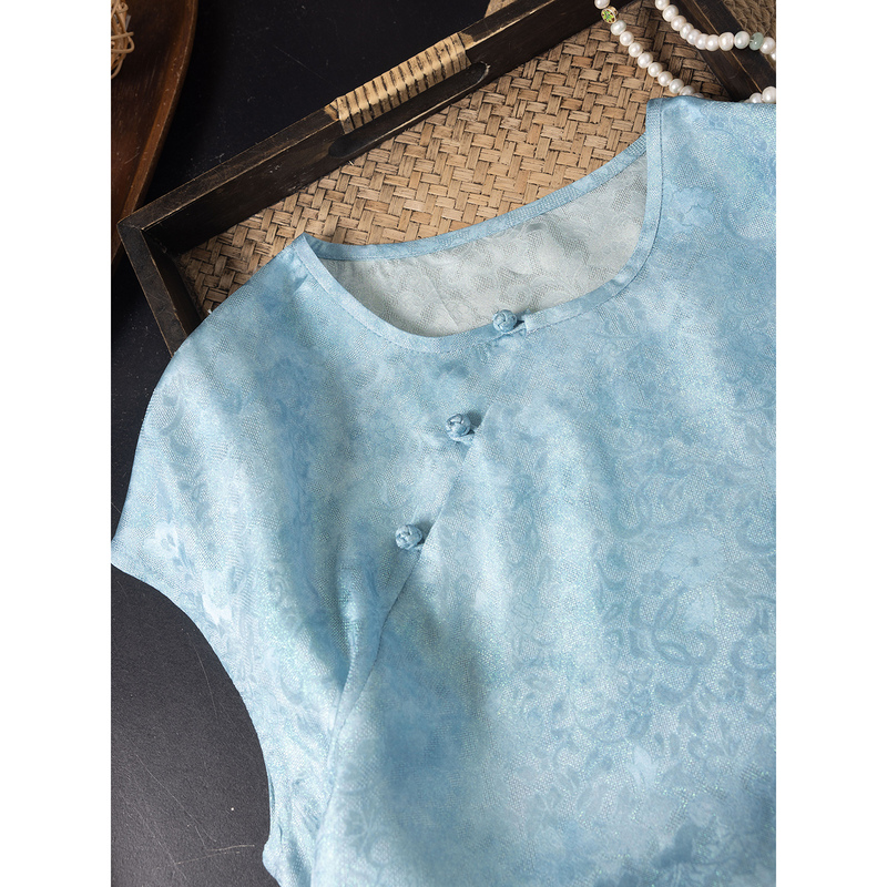 Blue Disc Buckle 2026 Summer New Versatile Fashionable Chinese-Style Diagonal Placket Buckle Mulberry Silk T-Shirt