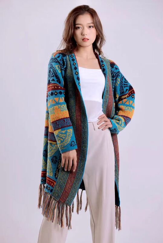 Bohemian Ethnic Style Knitted Sweater Xinjiang Yunnan Travel Wear Women's Outwear Loose Mid-Length Tassel Opening