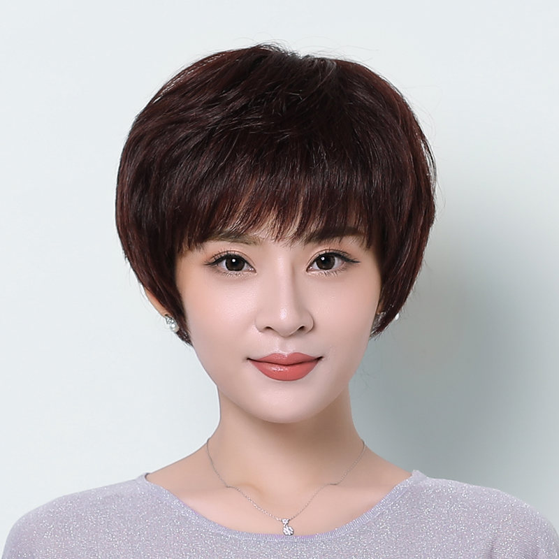 Real hair wig female short hair mother round face real hair short straight hair middle-aged and elderly mother face repair natural full headgear