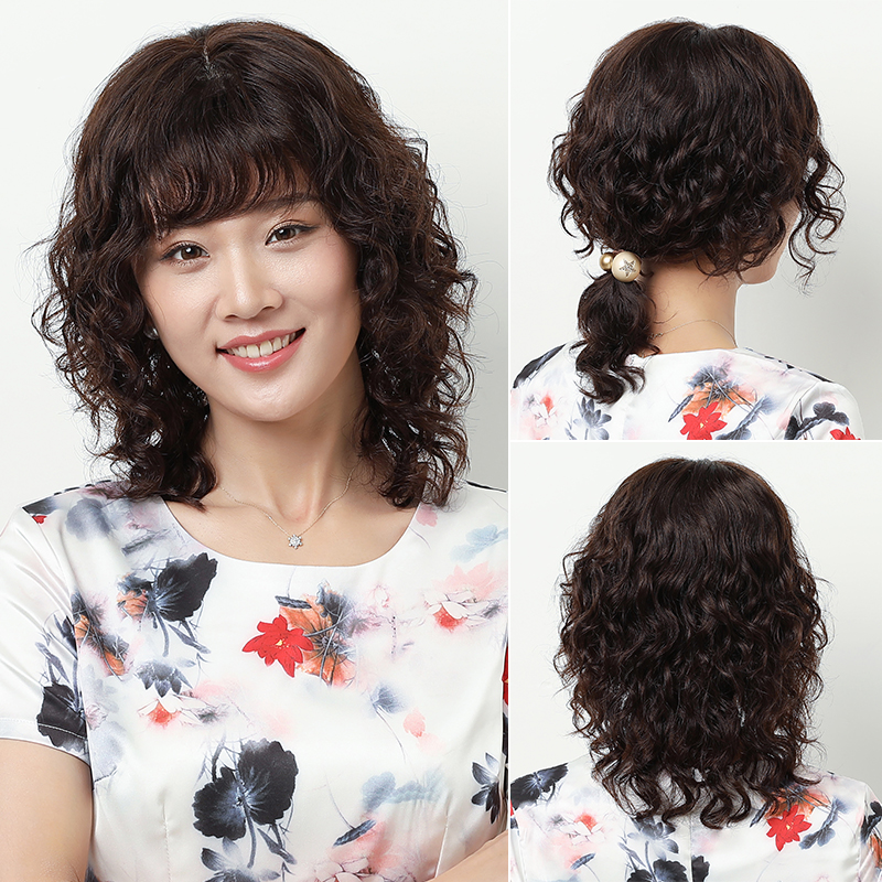 Real hair wig female long hair natural full headgear Real hair big waves long curly hair Wool roll middle-aged mother