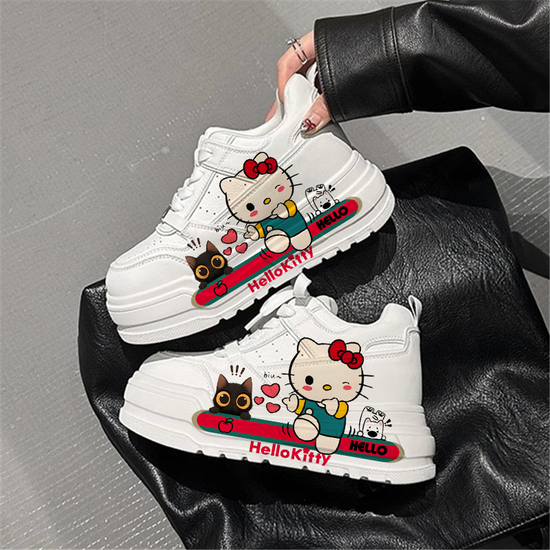 Genuine Leather Women's Shoes with Thick Soles and Height-Increasing White Sneakers, Original Kt Cat Collaboration New Versatile Casual Sneakers for Petite Individuals