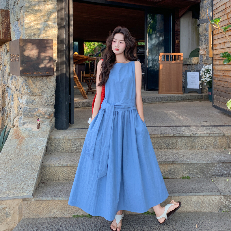 Klein Blue Sleeveless Dress for Women, Summer, Unique, Beautiful, Elegant, Waist-Cinching, Slimming, Super Pretty, Age-Reducing A-Line Long Dress