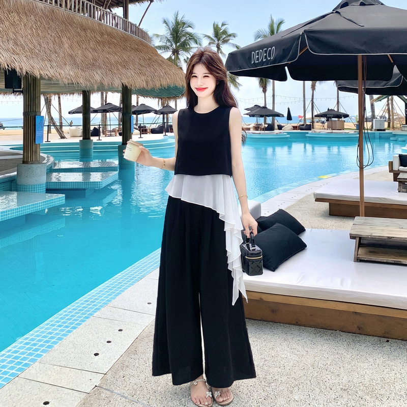 Black Irregular Mesh Patchwork Sleeveless Vest and Wide-Leg Pants Two-Piece Set for Women, Summer Casual and Stylish Outfit Set