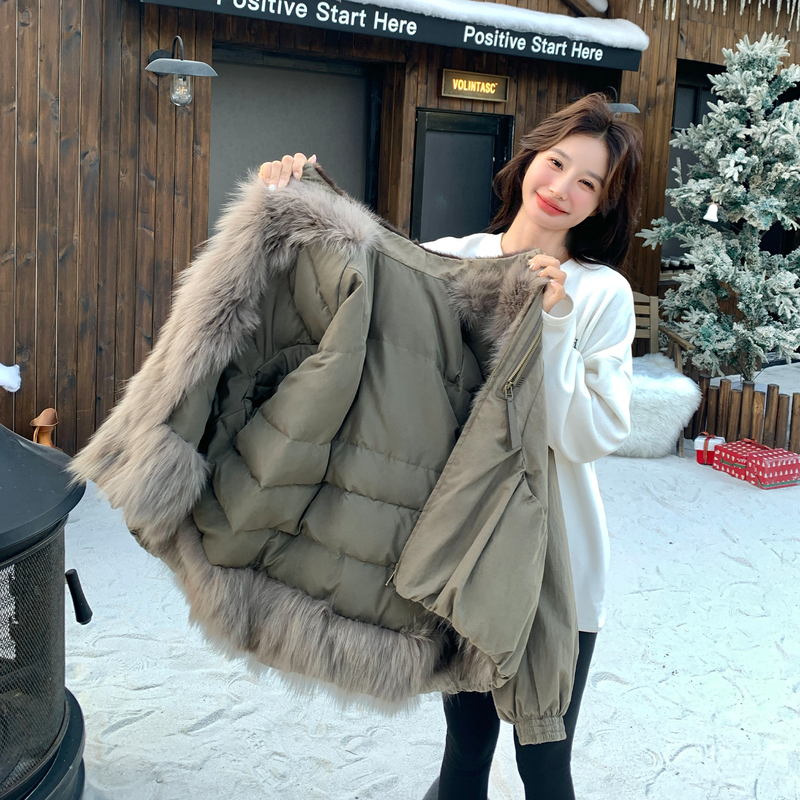 Military Green Fur Patchwork Parka down Jacket for Women, Winter 2026 New Korean Style Casual 90% White Duck down Thick Coat