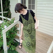 Stacked hollow blouse suspender dress for women summer temperament loose fit belly-covering slim casual long skirt two-piece suit