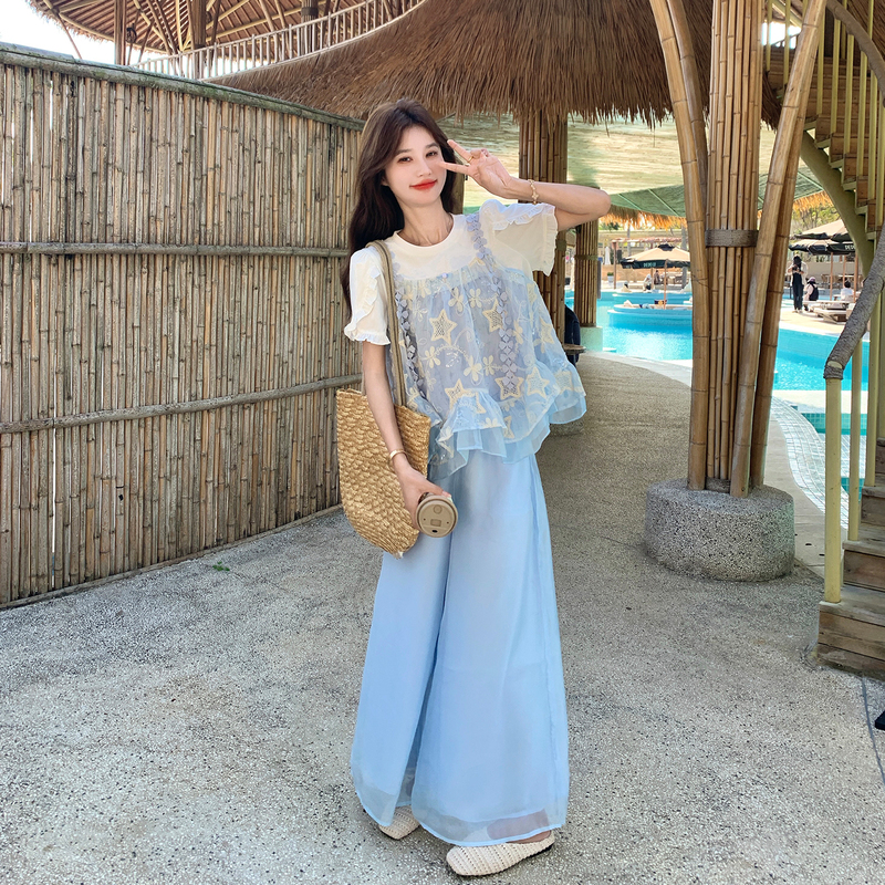 Super Stylish and Youthful Two-Piece Top and Sheer Wide-Leg Pants Set for Women, Perfect for Summer Vacation Outfits
