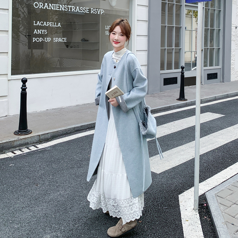 Very Beautiful Blue Round-Neck Double-Sided Wool Coat for Women, Autumn and Winter 2026 New Style, High-End Mid-Length Woolen Coat