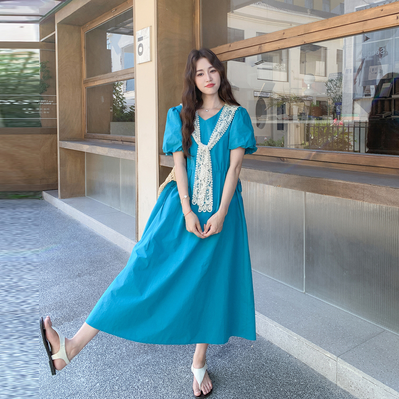 French-Style Puff Sleeve V-Neck Blue Shawl Dress for Women, New Summer Style, Loose Fit, Slimming, Elegant, Super Stylish Long Dress