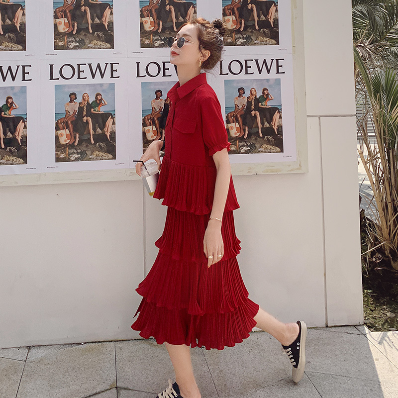 Wine red dress women's summer 2022 new small French bellflower first love skirt chiffon layered cake skirt