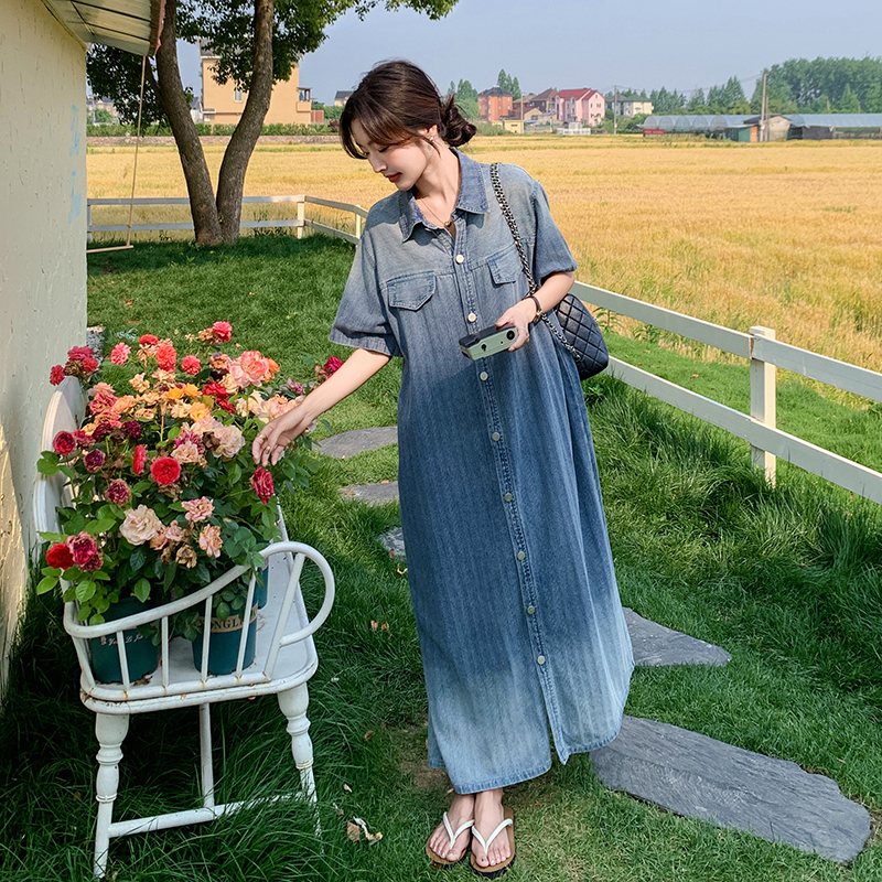 Gradient Color Denim Dress for Women, Summer Thin Style, Slightly Plump, Elegant, Loose, Belly-Covering, Extra-Long Shirt Dress That Reaches the Ankles