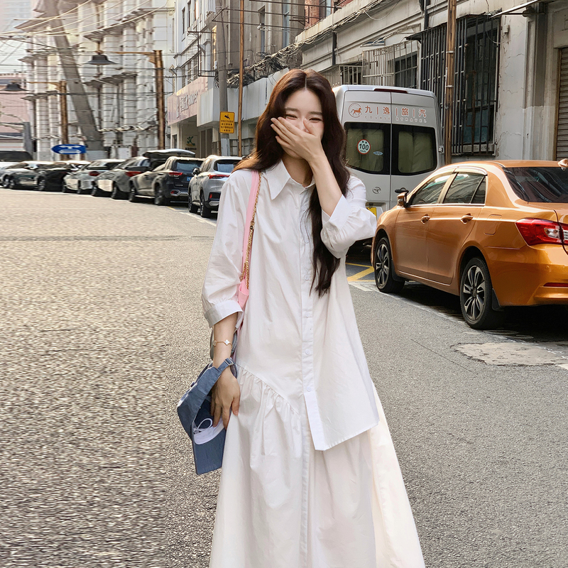 White Irregular Shirt Dress for Women, New Summer Korean Style, Lazy Style, Loose, Slimming, Elegant, Casual Long Dress