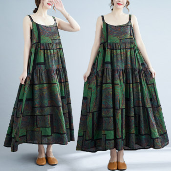 Fat mm printed suspender skirt loose large size cotton and linen floral dress long skirt women's casual retro a-line skirt