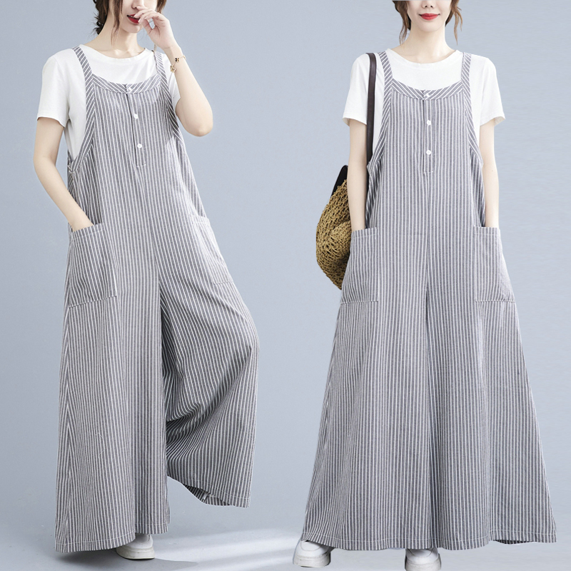 New Striped Casual Pants for Plus-Size Women, Three-Button Jumpsuit Overalls, Hip-Covering, Slimming Long Pants for Summer New Striped Casual Pants for Plus-Size Women, Three-Button Jumpsuit Overalls, Hip-Covering, Slimming Long Pants for Summer
