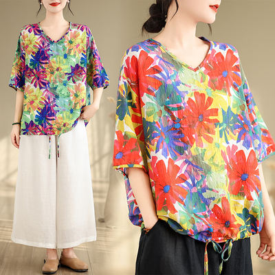 Chubby girl, cotton and linen printed V-neck, large-sized T-shirt with loose straps, versatile top, floral shirt, thin short-sleeved, cool
