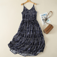 Summer literary French holiday style paisley printed pleated cotton and linen suspender dress for home and outdoor wear floral thin