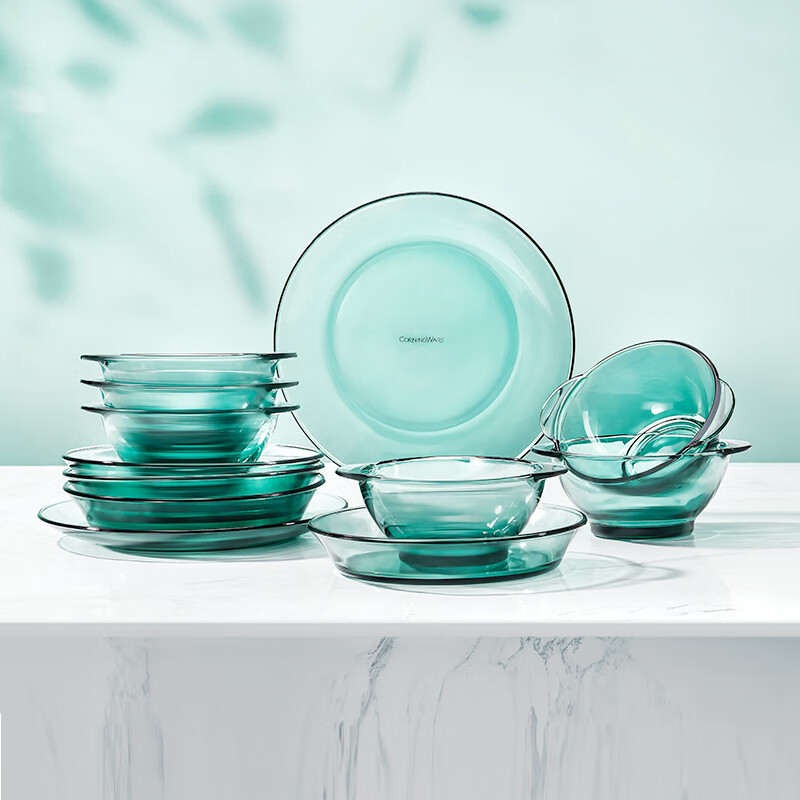 Corning Dinnerware Set 8/12 Piece Lake Green Glass Bowls and Plates Household Transparent Rice Bowls High Temperature Resistant ins Style