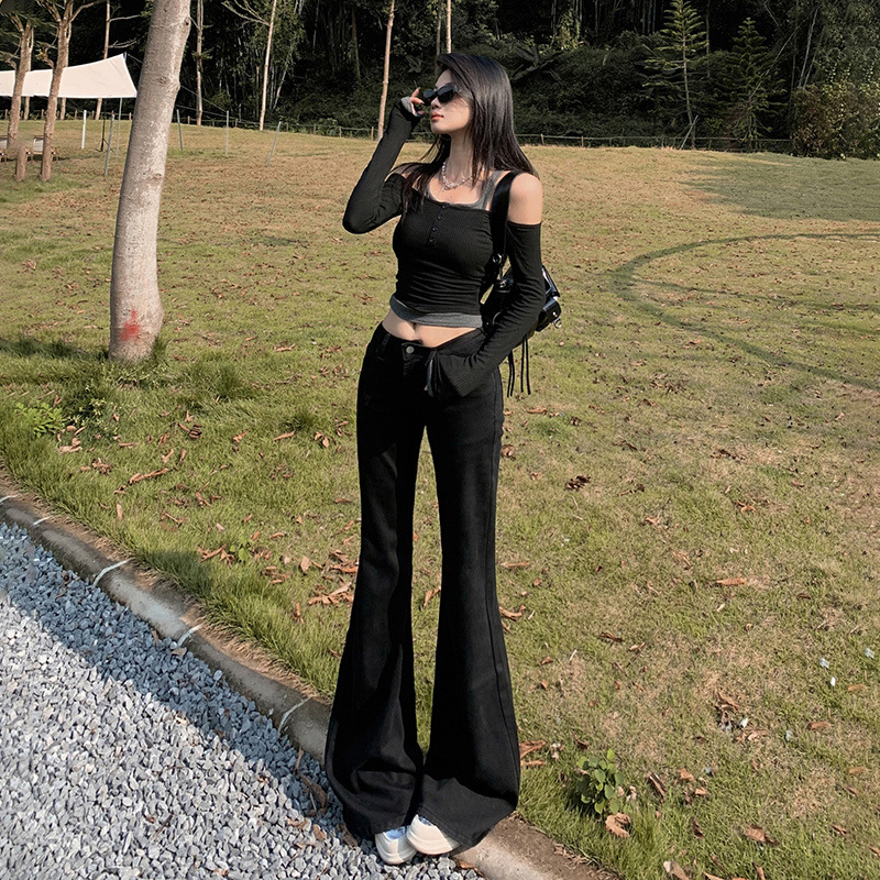 Aig Black Low-Rise Flared Jeans for Women, Slim Fit, Flattering, Height-Enhancing, Drapey Floor-Length Pants, Trendy