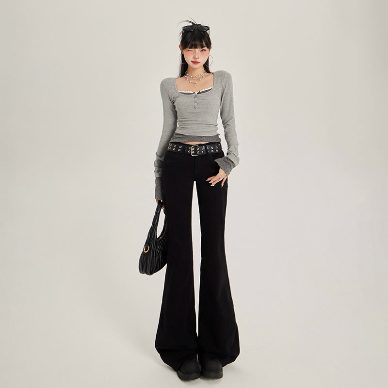 Aig Black Low-Waisted Flared Pants for Women, Slim Fit, Flattering, Hot Girl Style, Bell-Bottom Pants, Spring and Summer Floor-Length Jeans