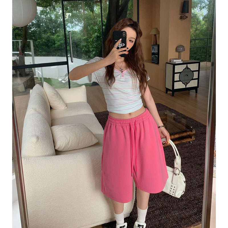Dopamine Style Pink Elastic Waist Casual Shorts for Women, New Summer Loose Five-Point Shorts, Low-Waist Drawstring Sports Pants Dopamine Style Pink Elastic Waist Casual Shorts for Women, New Summer Loose Five-Point Shorts, Low-Waist Drawstring Sports Pants