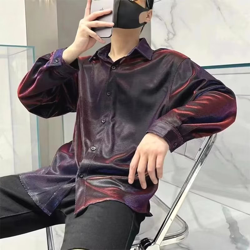 Fluorescent Gradient Shirt for Men, Liquid Ammonia Futuristic Long-Sleeve Cardigan, Colorful Stage Performance Shirt, Reflective Glossy Shirt