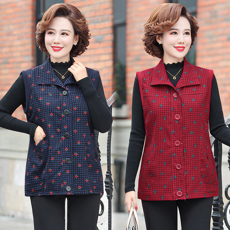 Grandma's autumn vest middle-aged and elderly women's sleeveless jacket old lady loose large size top floral cardigan single shirt