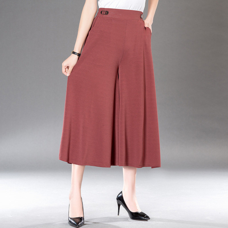 Summer color wide-leg culottes mom three-point wide-leg pants Middle and old elastic waist thin square dance base skirt