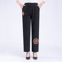 Middle-aged and elderly womens pants spring and autumn trousers summer thin grandma embroidered pants elastic waist straight pants mom 60-80