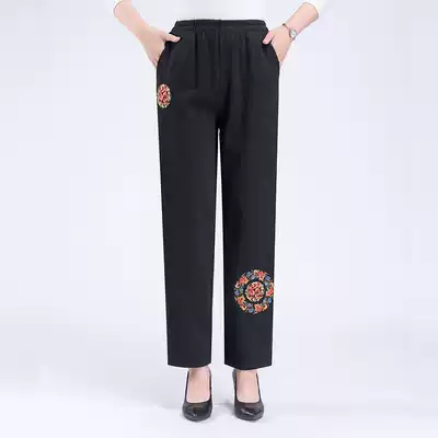 Middle-aged and elderly women's pants spring and autumn trousers summer thin grandma embroidered pants elastic waist straight pants mother 60-80