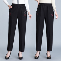 Middle-aged and elderly womens pants elastic waist straight trousers grandma pants embroidered pants spring and autumn single pants old lady pants