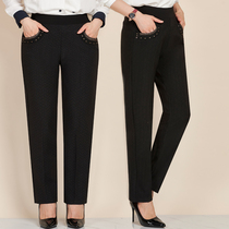 Middle-aged and elderly womens pants new spring and autumn trousers elastic waist stretch straight pants mother pants deep high waist grandma pants