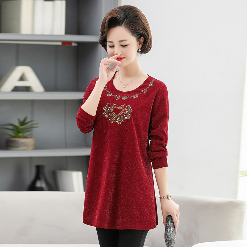 2020 new Mom blouses in spring and autumn long sleeves T-shirt for older ladies with large size for loose 200 catty and round neckline