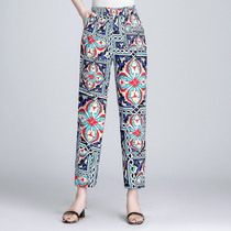 Mom summer ankle-length pants elastic waist elastic pants middle aged and elderly women pants 40-60 years old printed outer pants straight pants