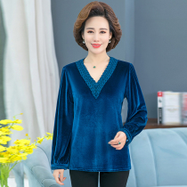 Mom top spring size velvet long sleeve T-shirt middle-aged womens V-neck loose base shirt pullover casual