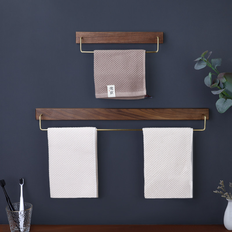 Punch-free solid wood bathroom towel rack Nordic single-pole wall-mounted bathroom black walnut brass shelf