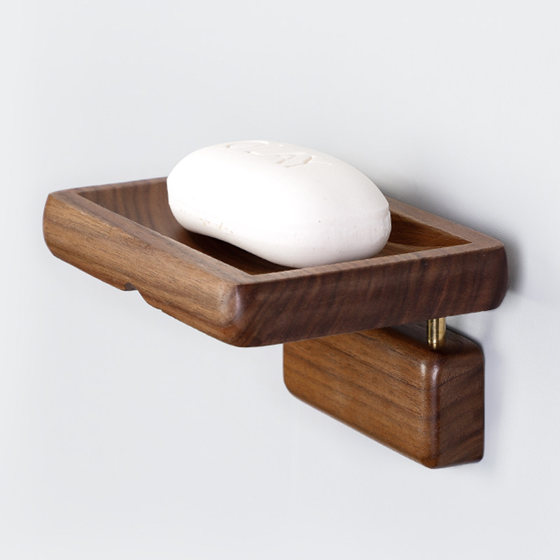 Bathroom black walnut soap box solid wood wall-mounted soap rack Japanese-style bathroom copper soap tray drain storage rack